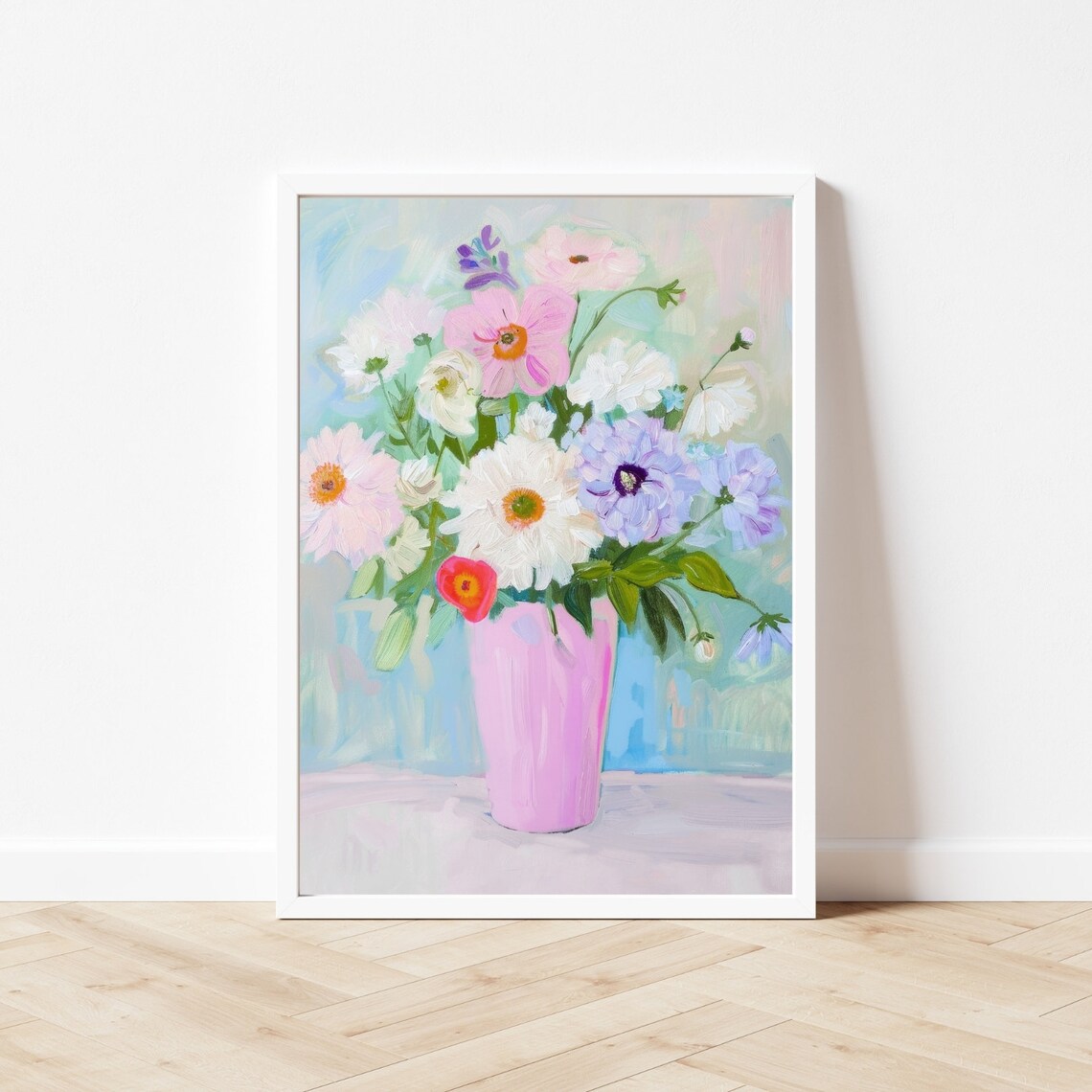 Pastel Daisy and Dahlia Bouquet in Pink Vase Spring Floral Poster - Image 3