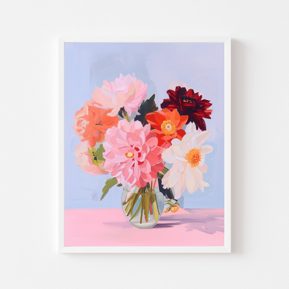 Colorful Dahlia Bouquet Painting, Floral Art Print
