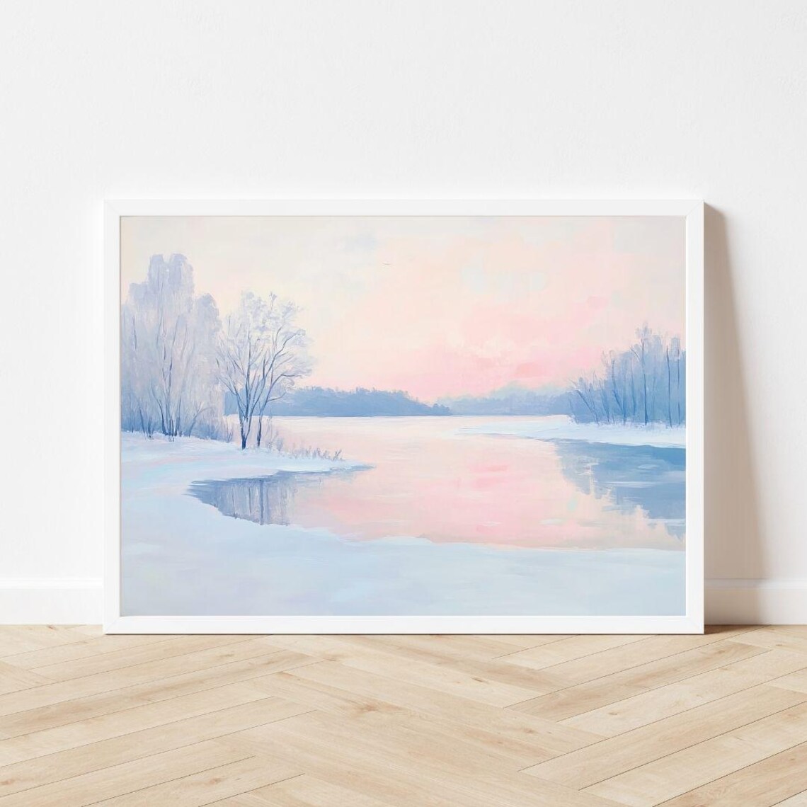 Pastel Winter Lake, Finland Snowy Trees Art Print - Image 3