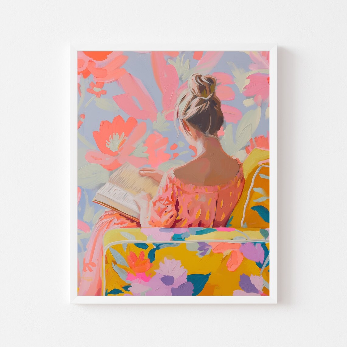 Blonde Woman Reading, Neon Pastel Boho Floral Art Print