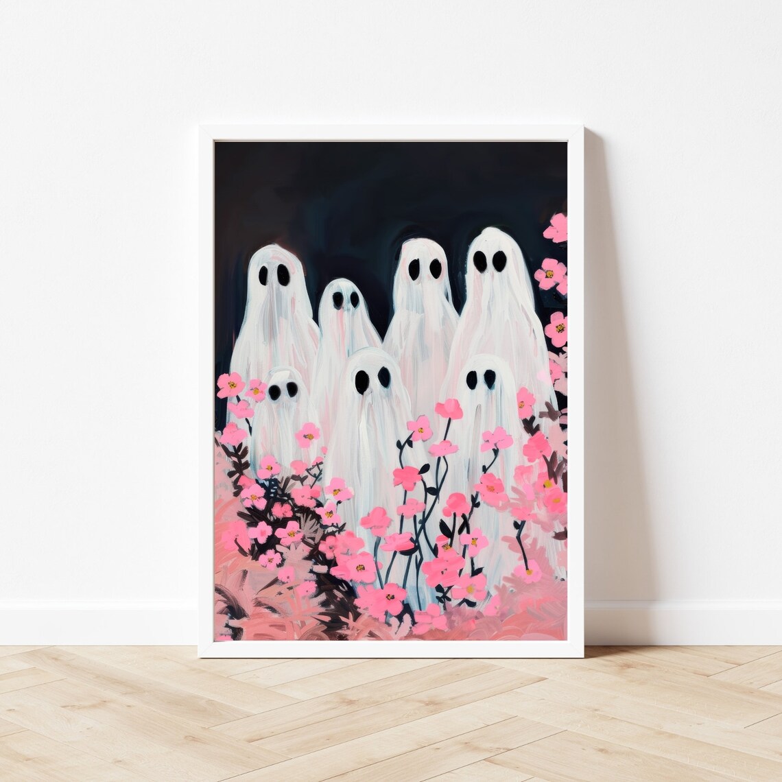 Cute Ghost Family Among Pink Flowers on a Spooky Night Poster - Image 3