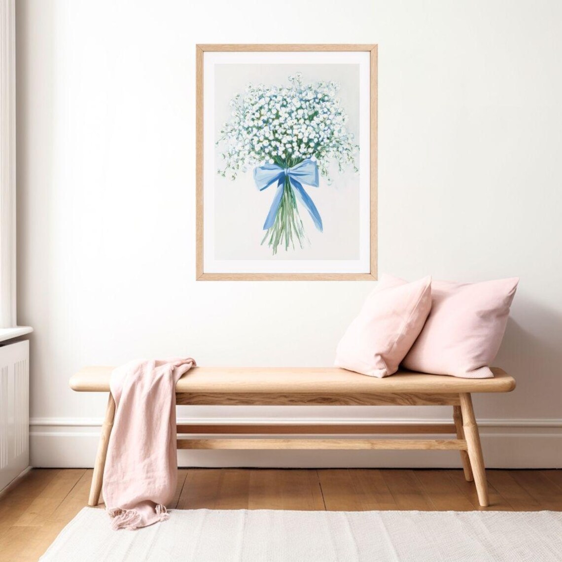 Baby's Breath Bouquet With Blue Bow, Floral Art Print - Image 2