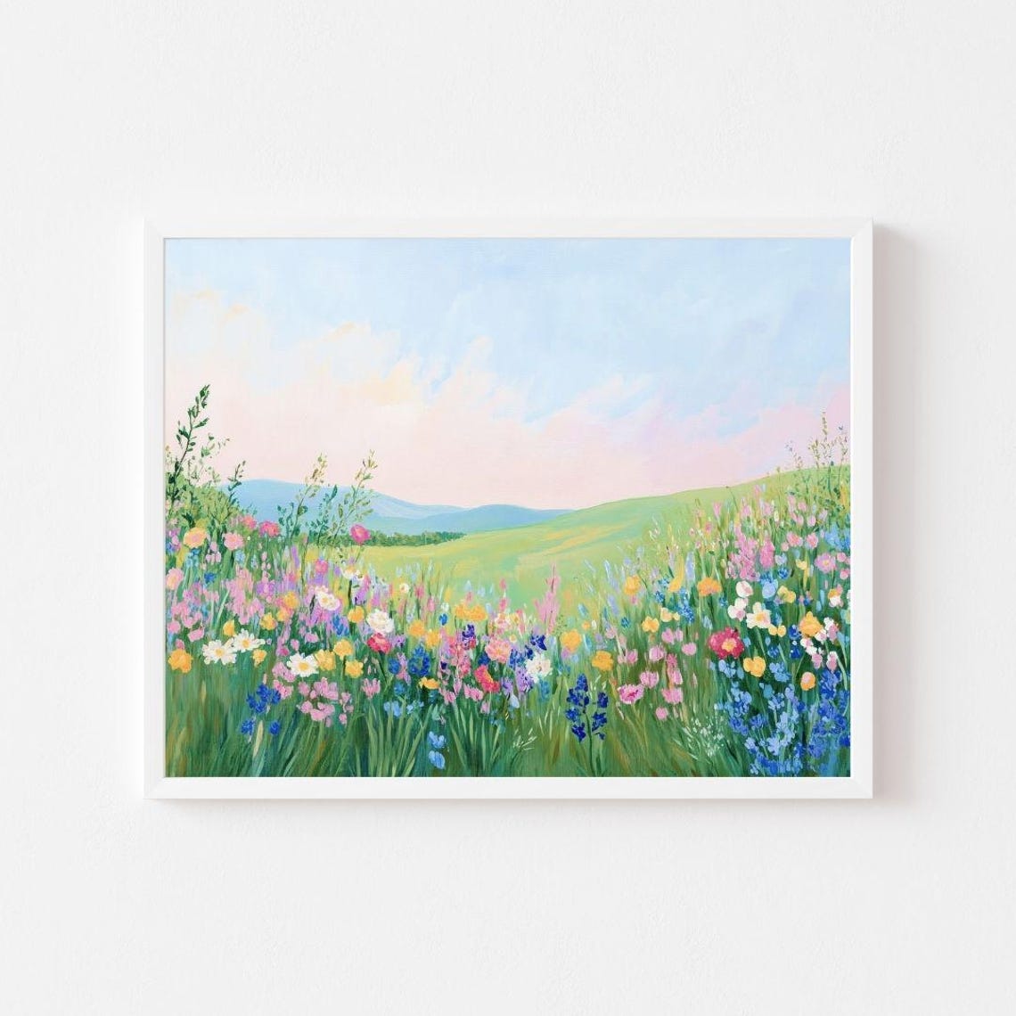 Spring Wildflower Meadow With Daisies Under Pastel Sky Poster