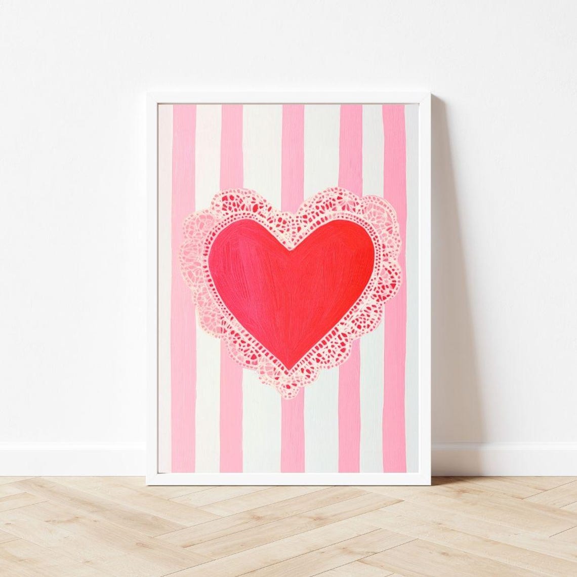 Red Heart On A Lace Doily With Pink Stripes Valentine Poster - Image 3