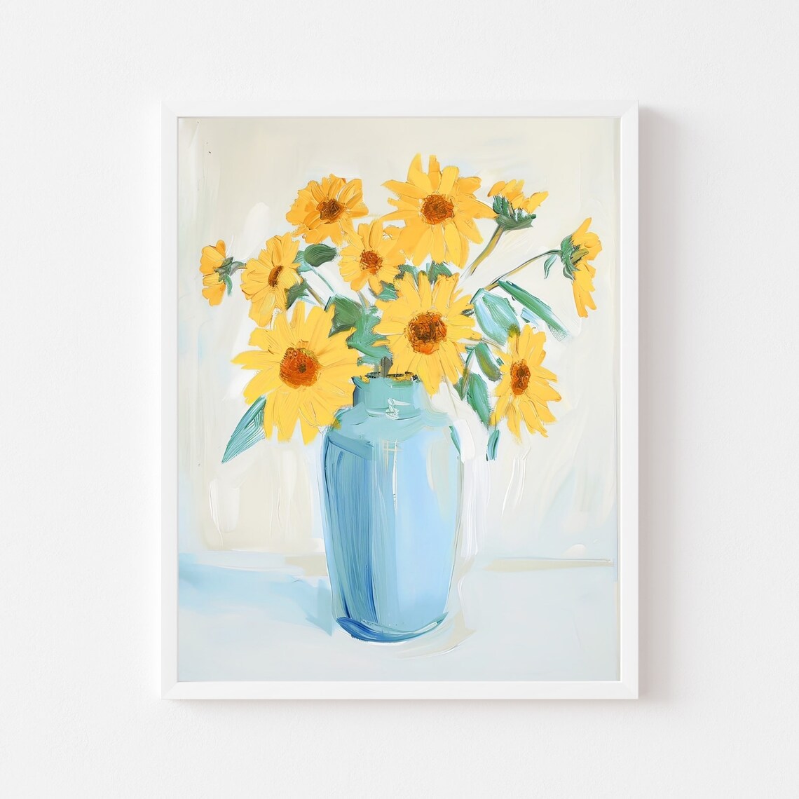 Yellow Sunflowers in a Blue Ceramic Vase Sunny Floral Poster