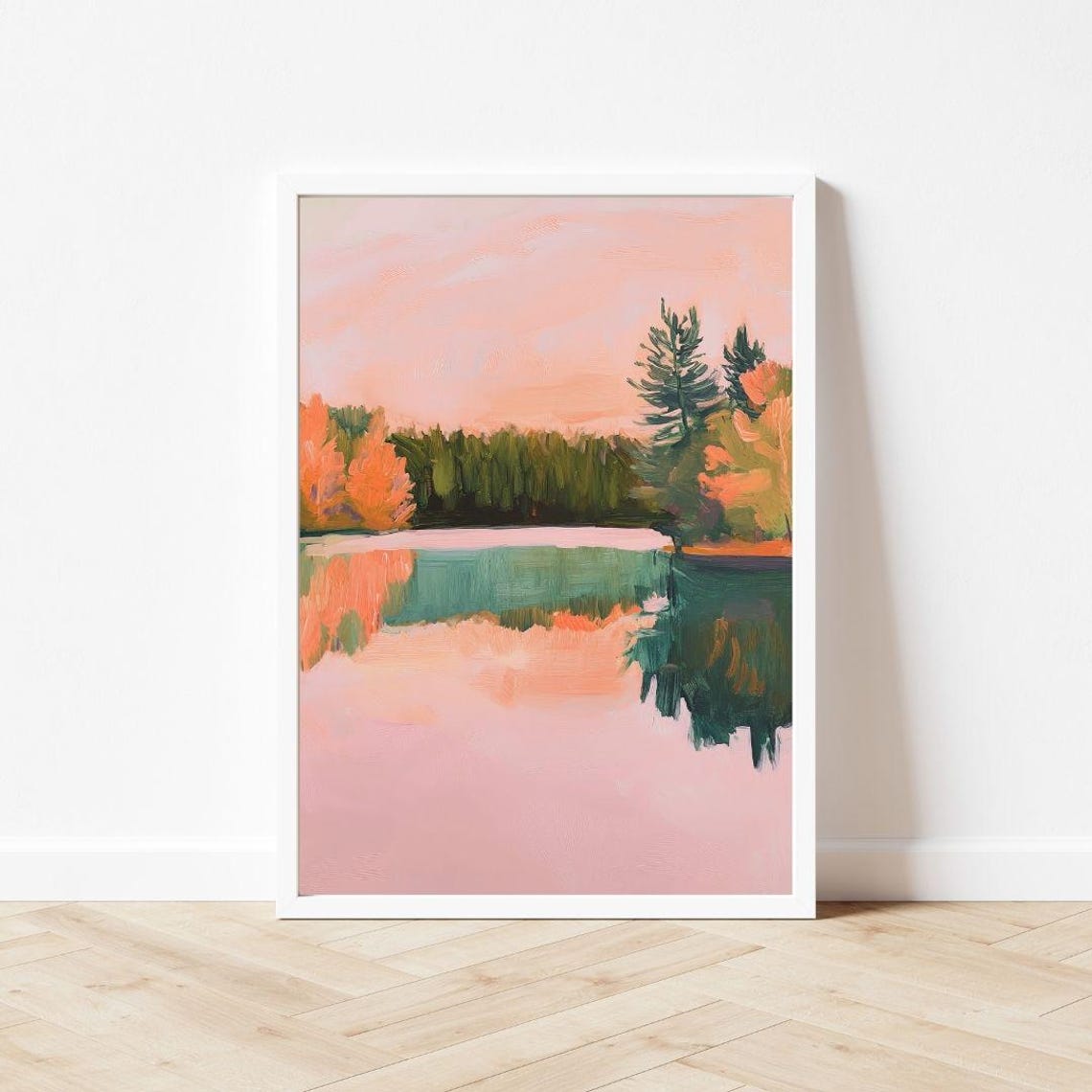 Pink Sunset Autumn Lake Reflections Landscape Painting Poster - Image 3