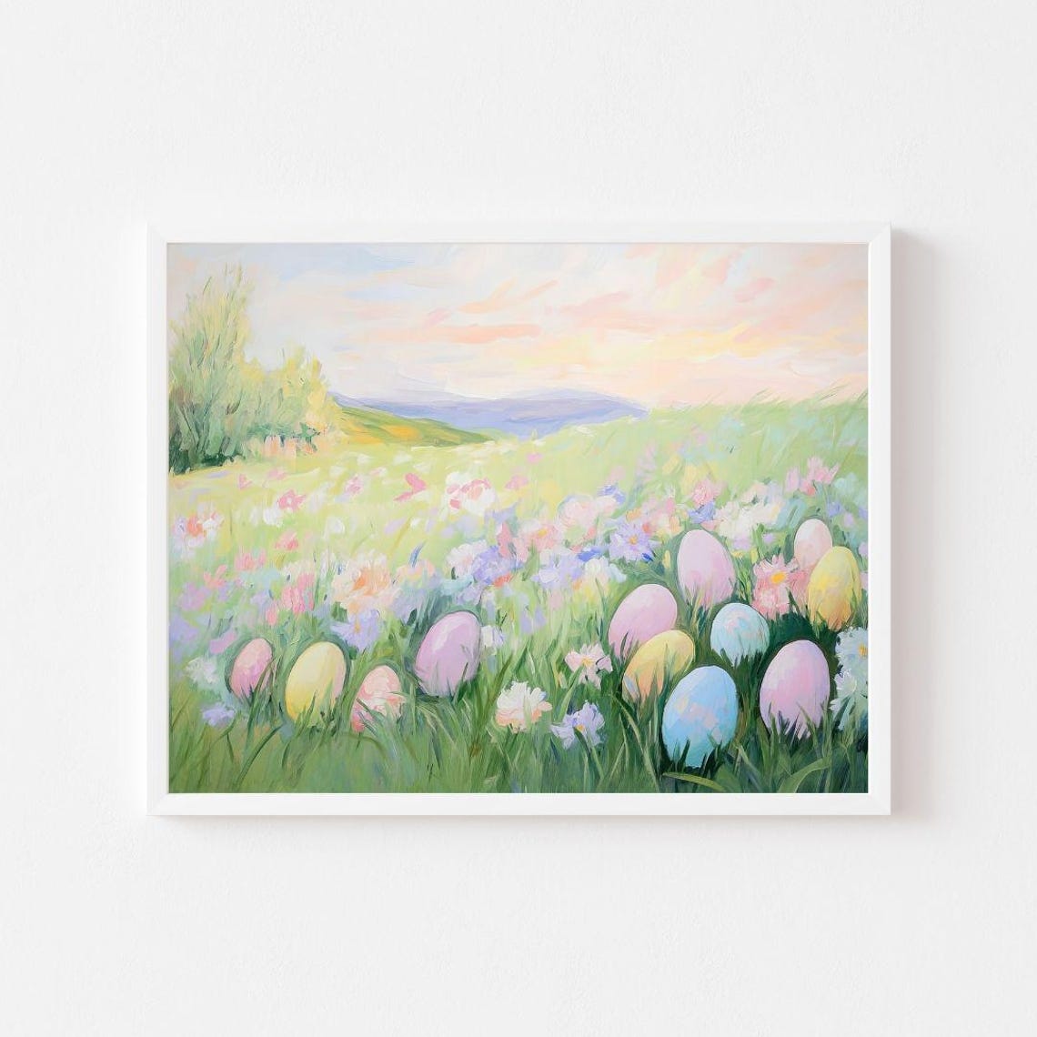 Pastel Easter Eggs in Spring Wildflower Meadow Landscape Poster