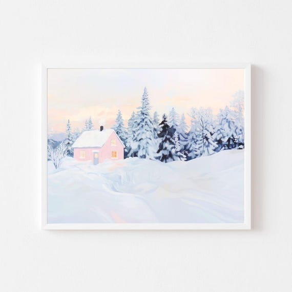 Pink Cabin Winter Forest Painting Pastel Snowy Trees Wall Art Print Colorful Finland House Frozen Landscape