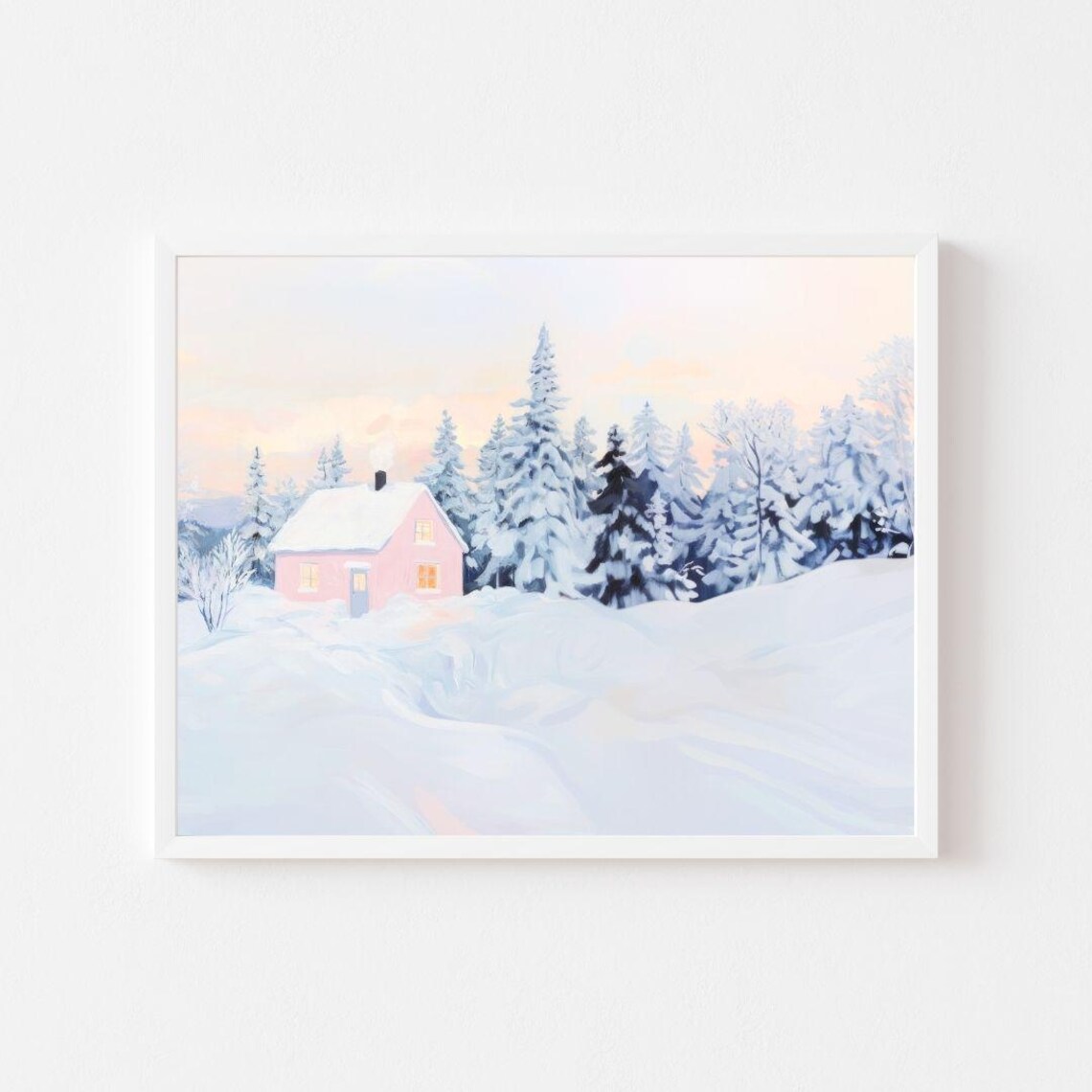 Pink Cabin In A Snowy Winter Forest Pastel Sunset Painting Poster