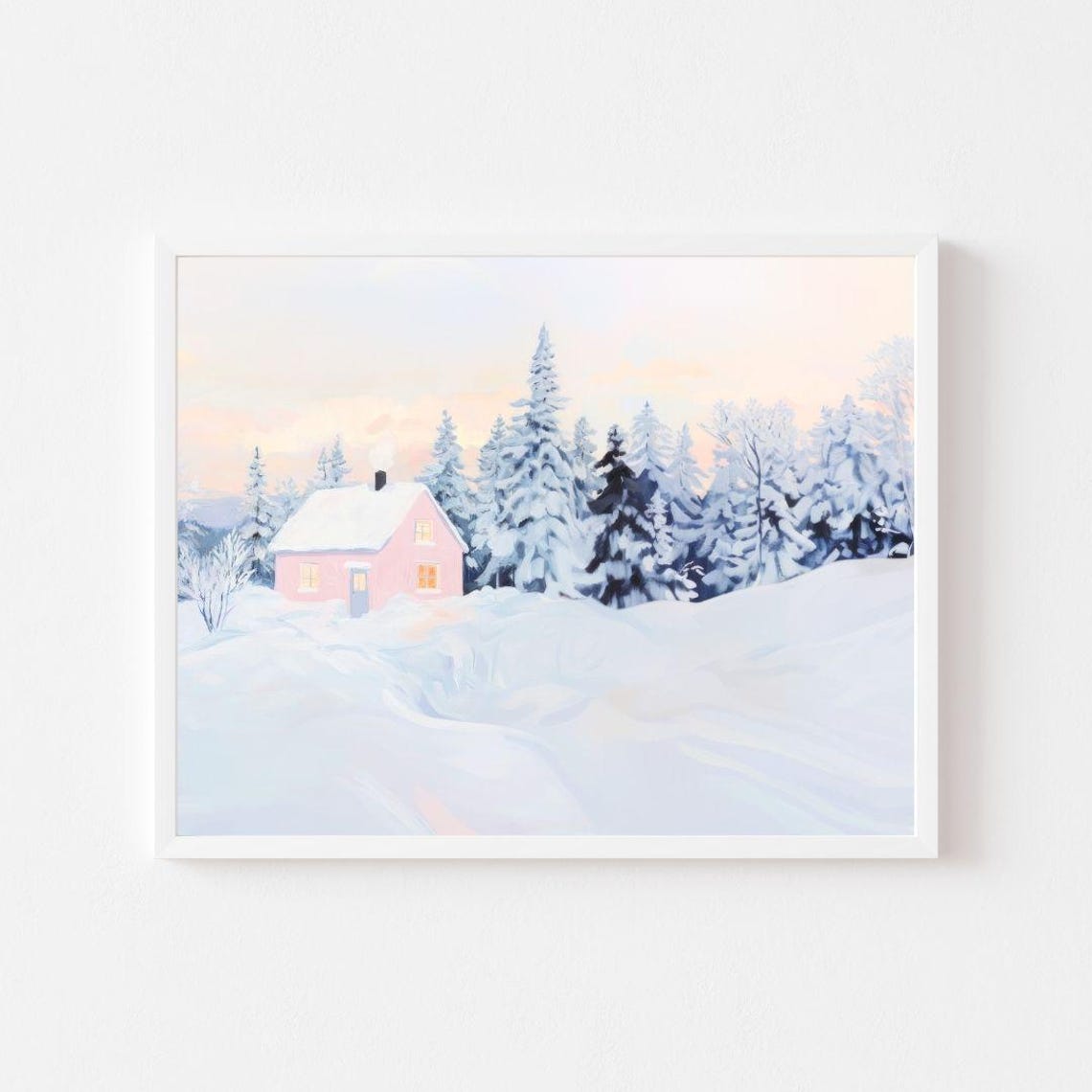 Pink Cabin Winter Forest Painting Pastel Snowy Trees Wall Art Print Colorful Finland House Frozen Landscape