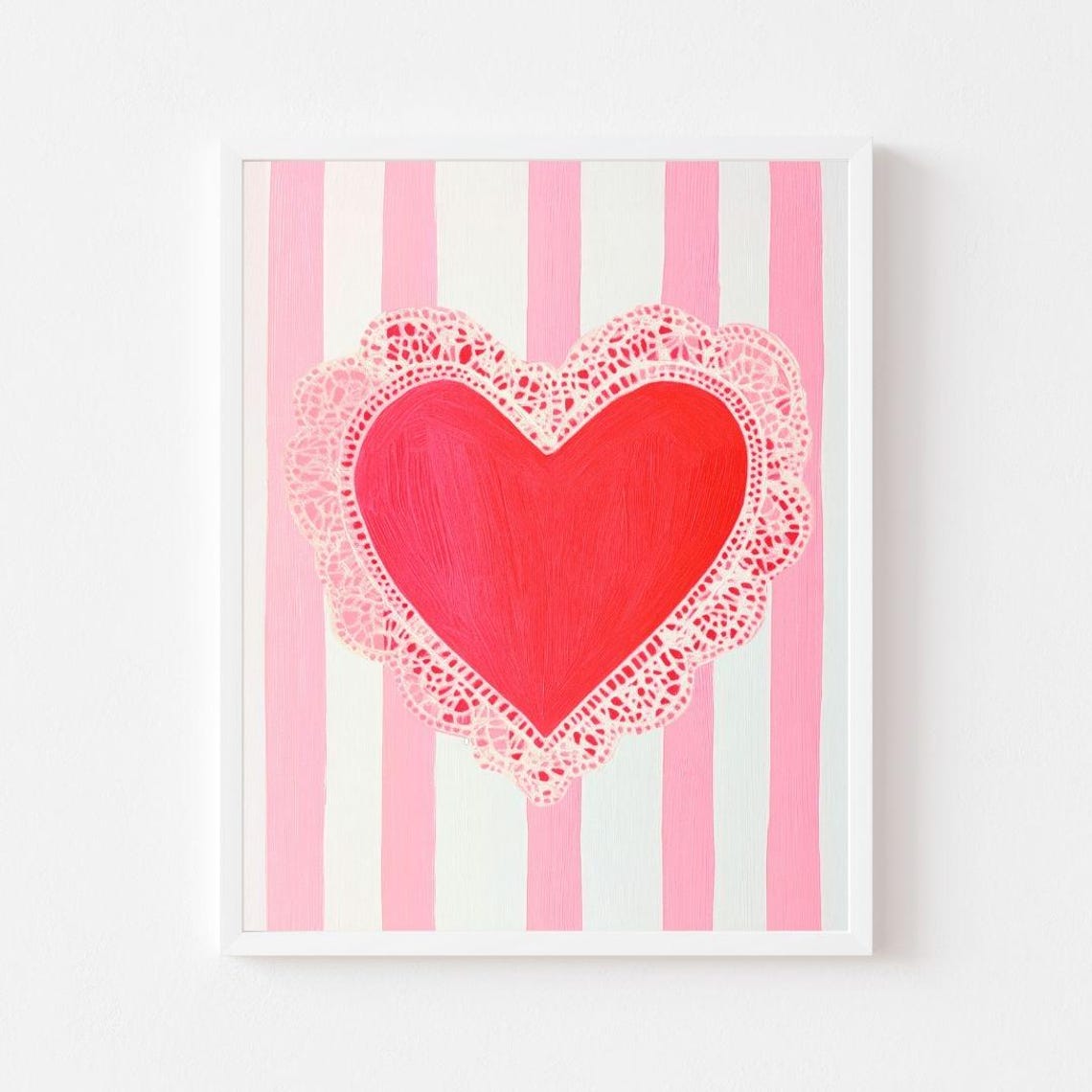 Red Heart On A Lace Doily With Pink Stripes Valentine Poster
