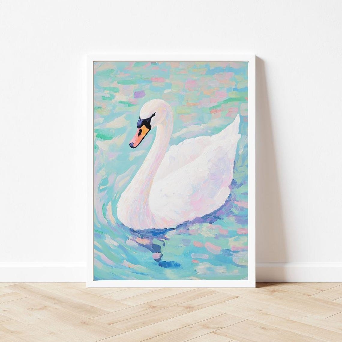 White Swan Gliding on Pastel Water in Colorful Painting Poster - Image 3