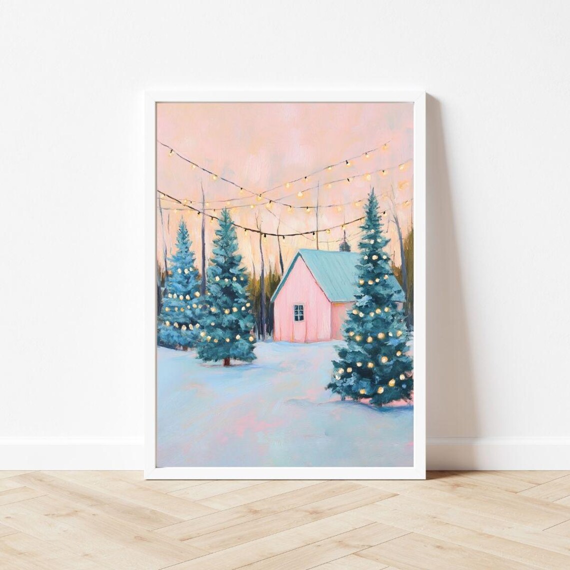 Pink Christmas Tree Farm, Pastel Winter Art Print - Image 3