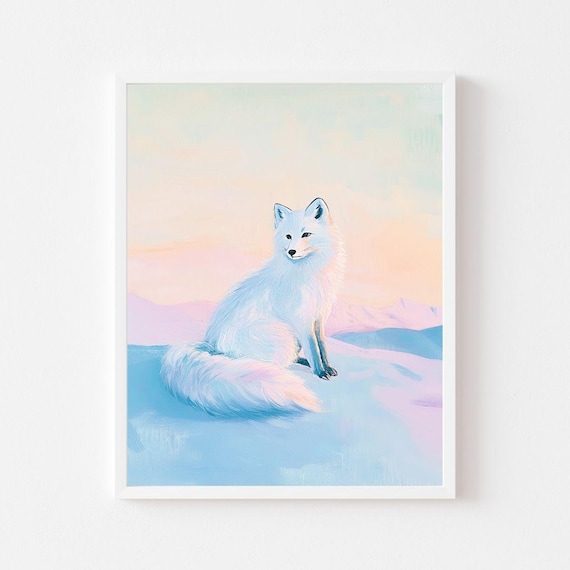 White Arctic Fox Sitting in Snow at Pastel Winter Sunset Poster