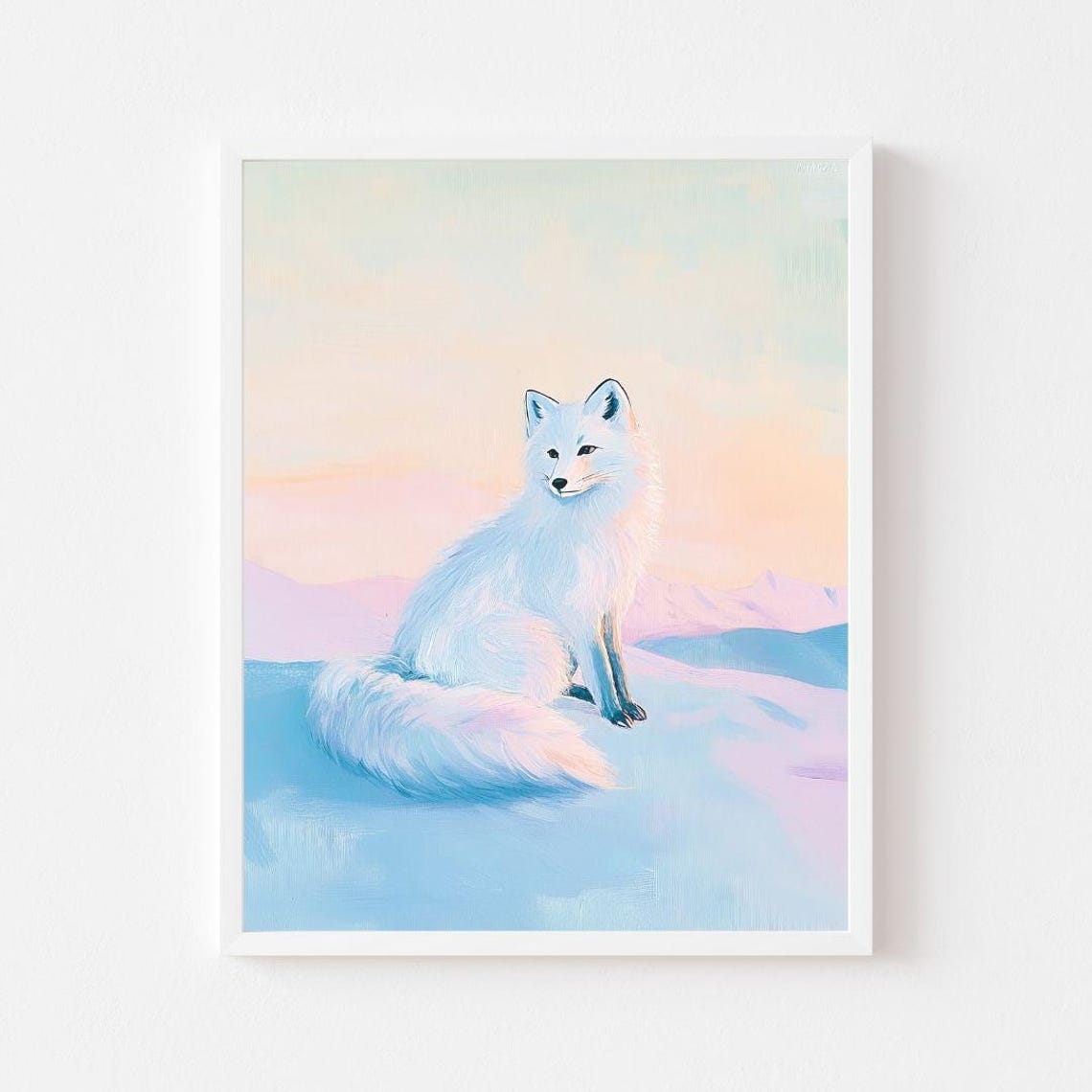 White Arctic Fox Sitting in Snow at Pastel Winter Sunset Poster