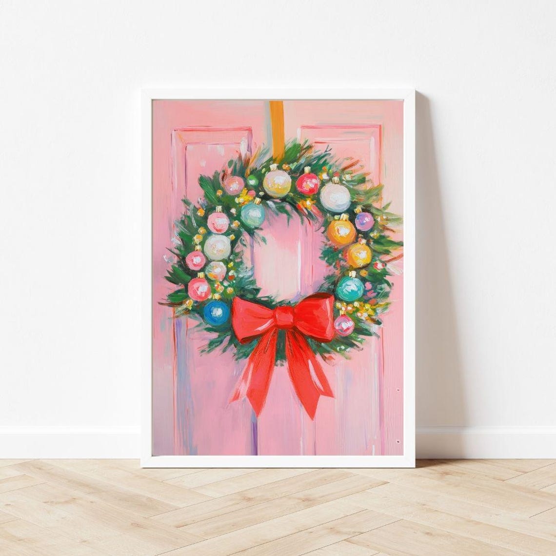 Pink Door With Ornament Christmas Wreath Holiday Wall Poster - Image 3