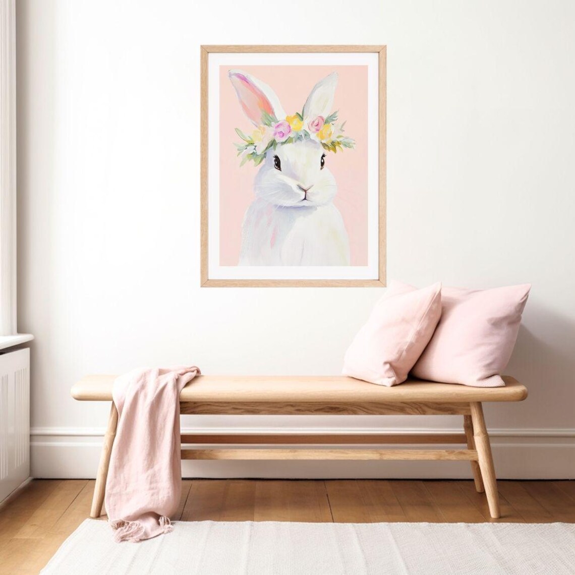 White Rabbit With Floral Crown, Easter Bunny Art Print - Image 2