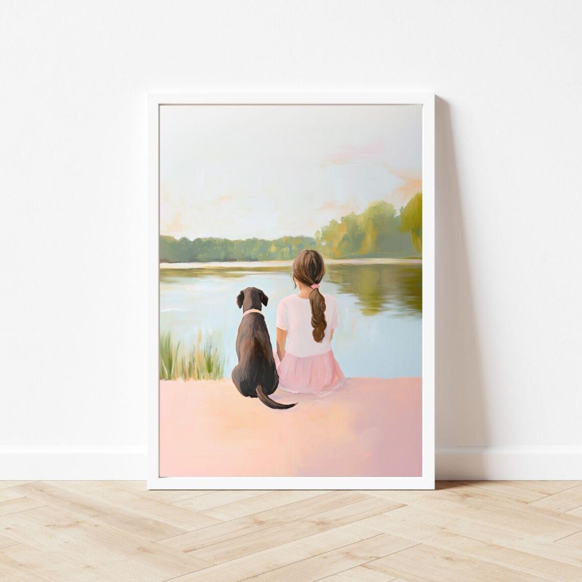 Girl And Dog At The Lake Pastel Sunset Childhood Friendship Poster - Image 3