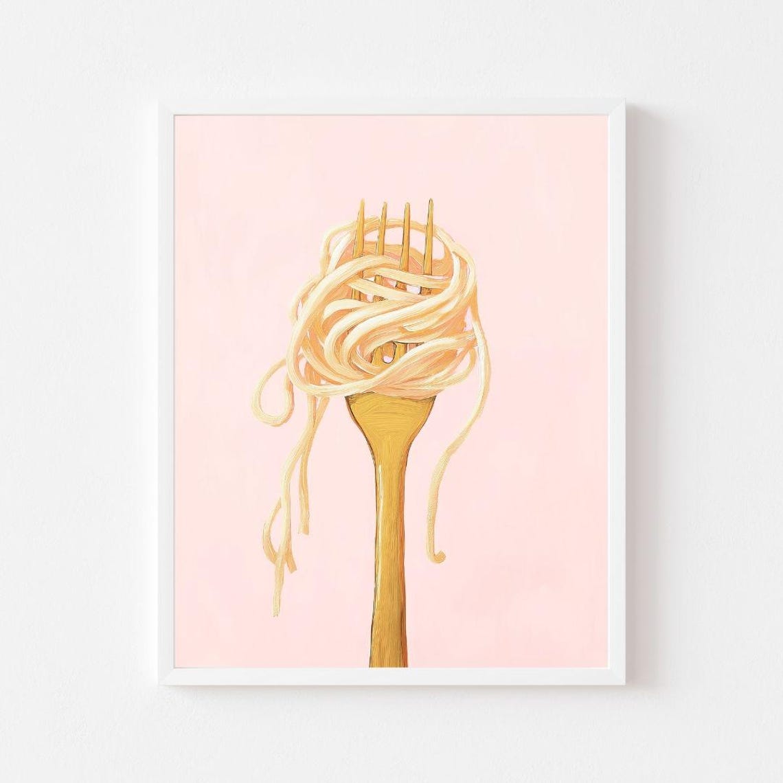 Spaghetti Twirled On A Gold Fork Pink Kitchen Decor Art Poster