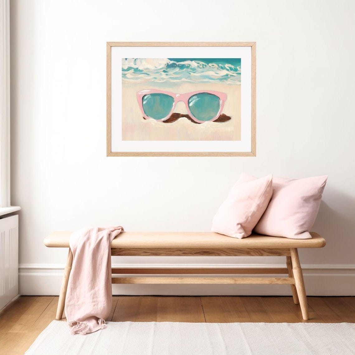 Pink Sunglasses Resting On A Sandy Beach Waves Painting Poster - Image 2