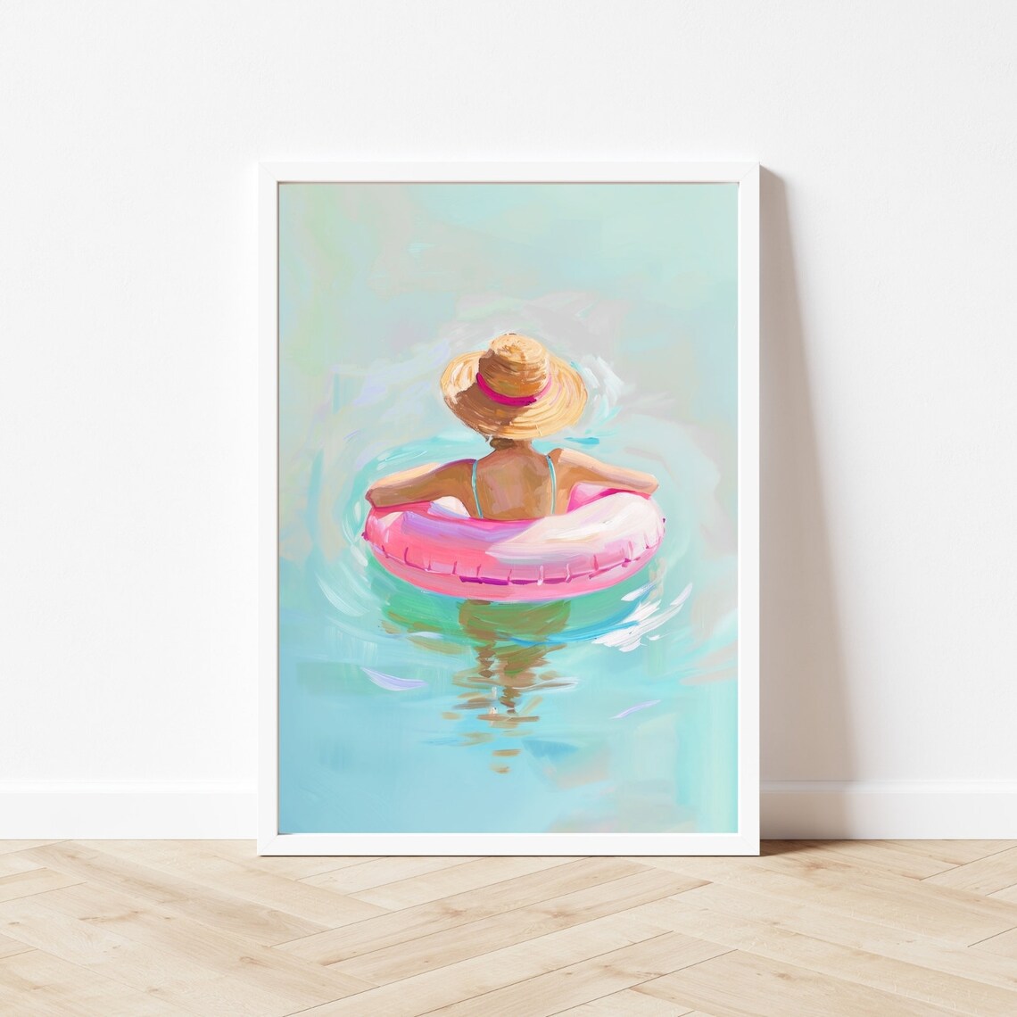 Woman in Pink Inner Tube, Pastel Summer Pool Print - Image 3