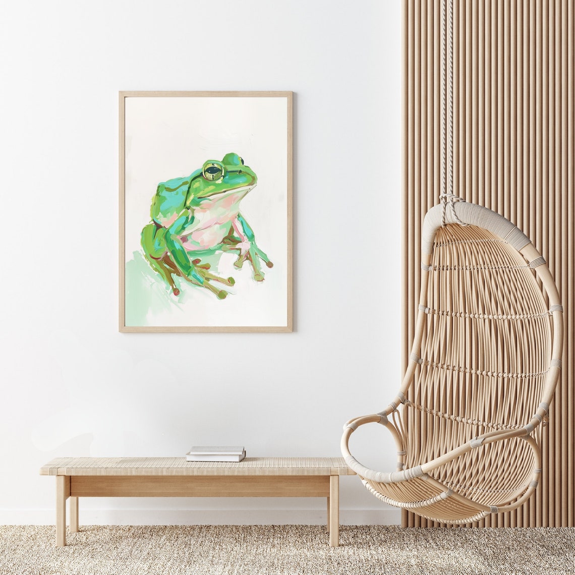 Cheerful Bright Green Frog Watercolor Nursery Animal Cozy Poster - Image 2