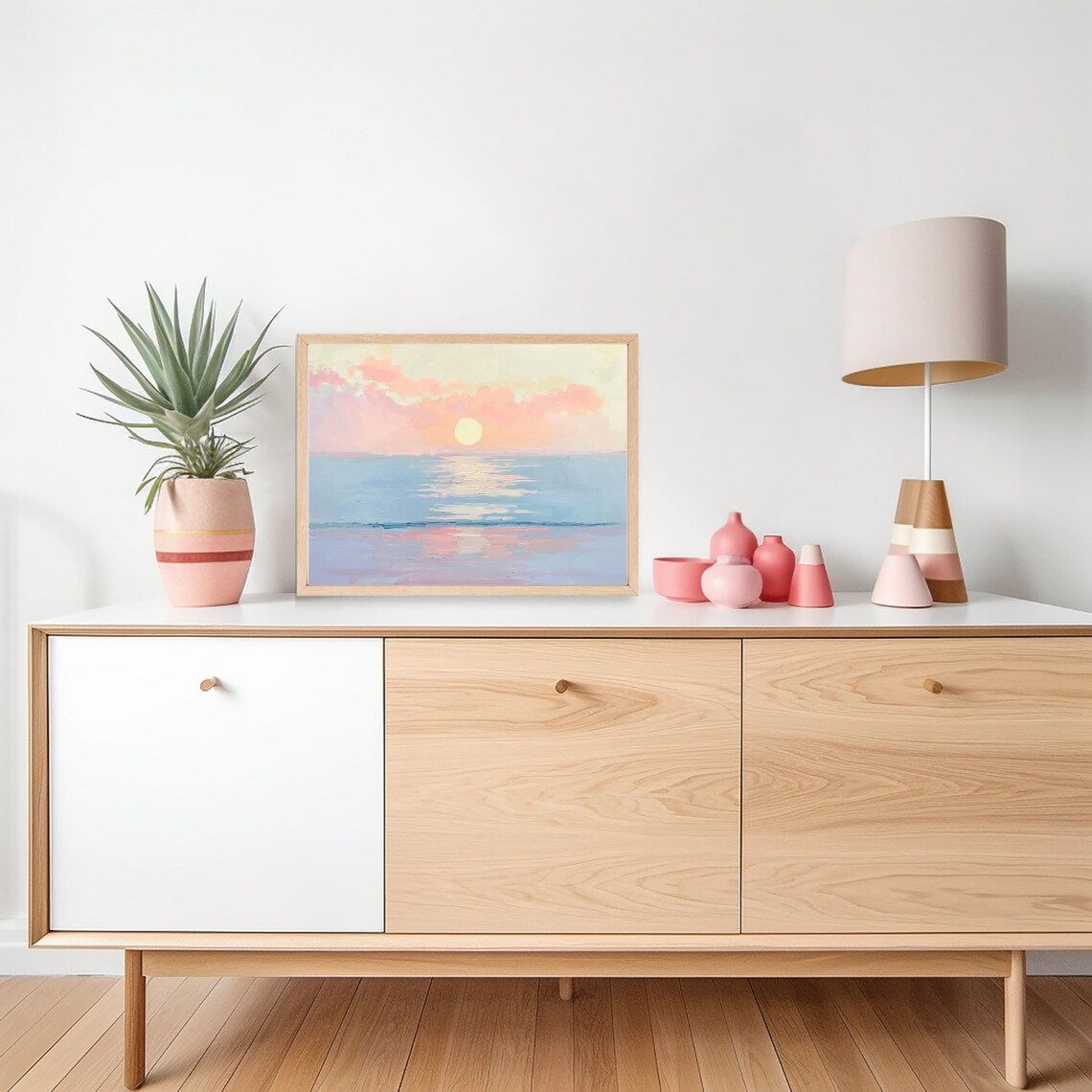 Pastel Ocean Sunset Seascape Sun Over Calm Water Painting Poster - Image 3