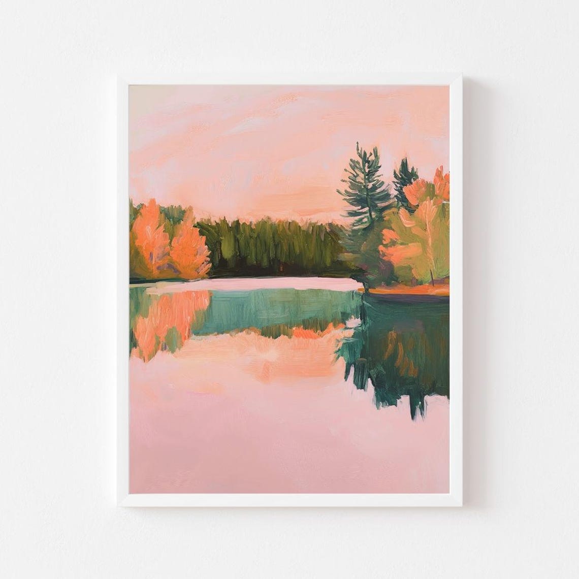 Pink Sunset Autumn Lake Reflections Landscape Painting Poster