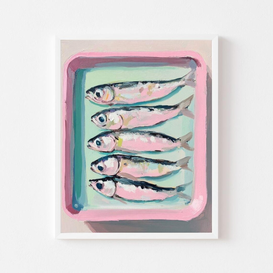 Pink Sardine Tin Painting, Pastel Kitchen Art Print