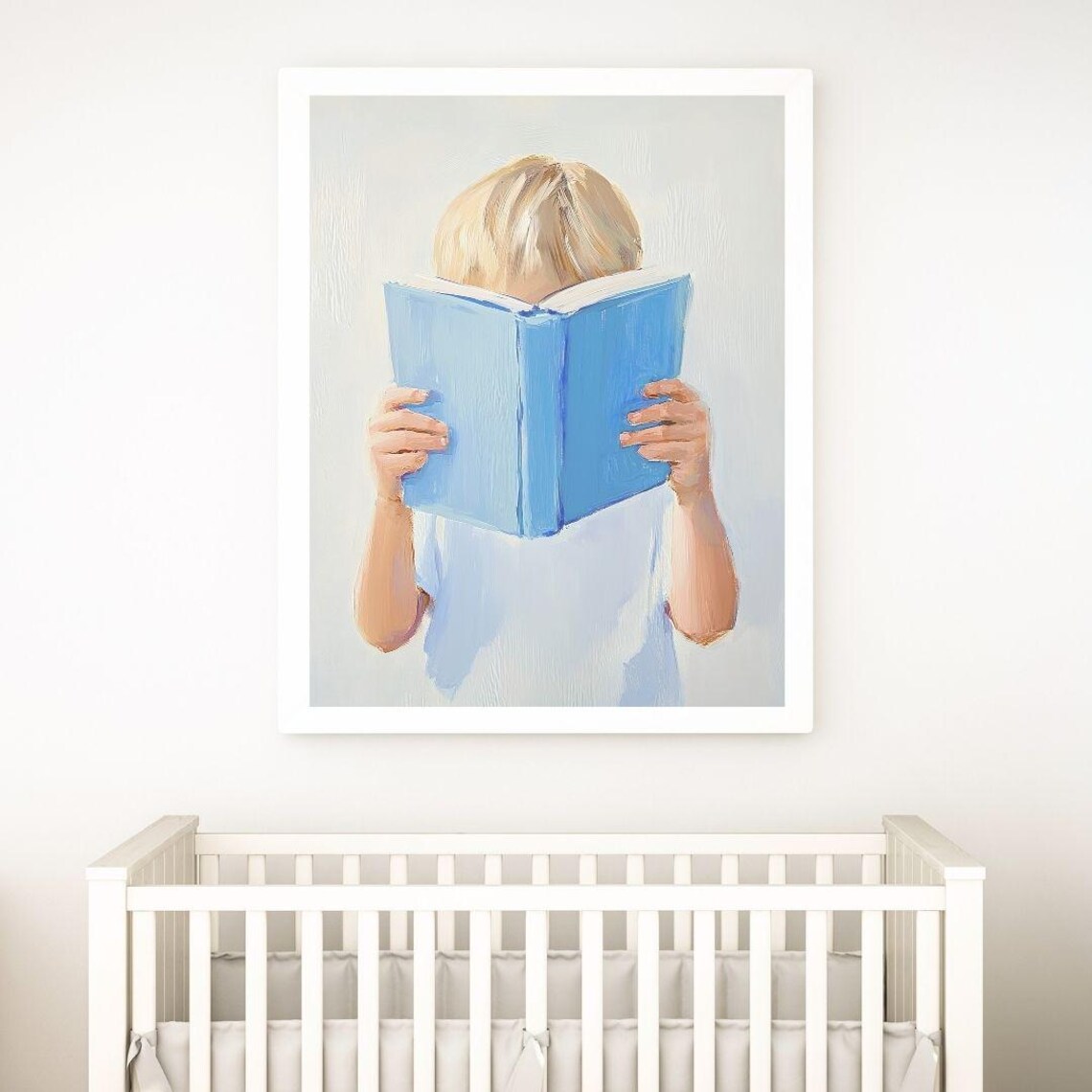 Blonde Boy Reading Blue Book Painting, Pastel Wall Art Print - Image 2