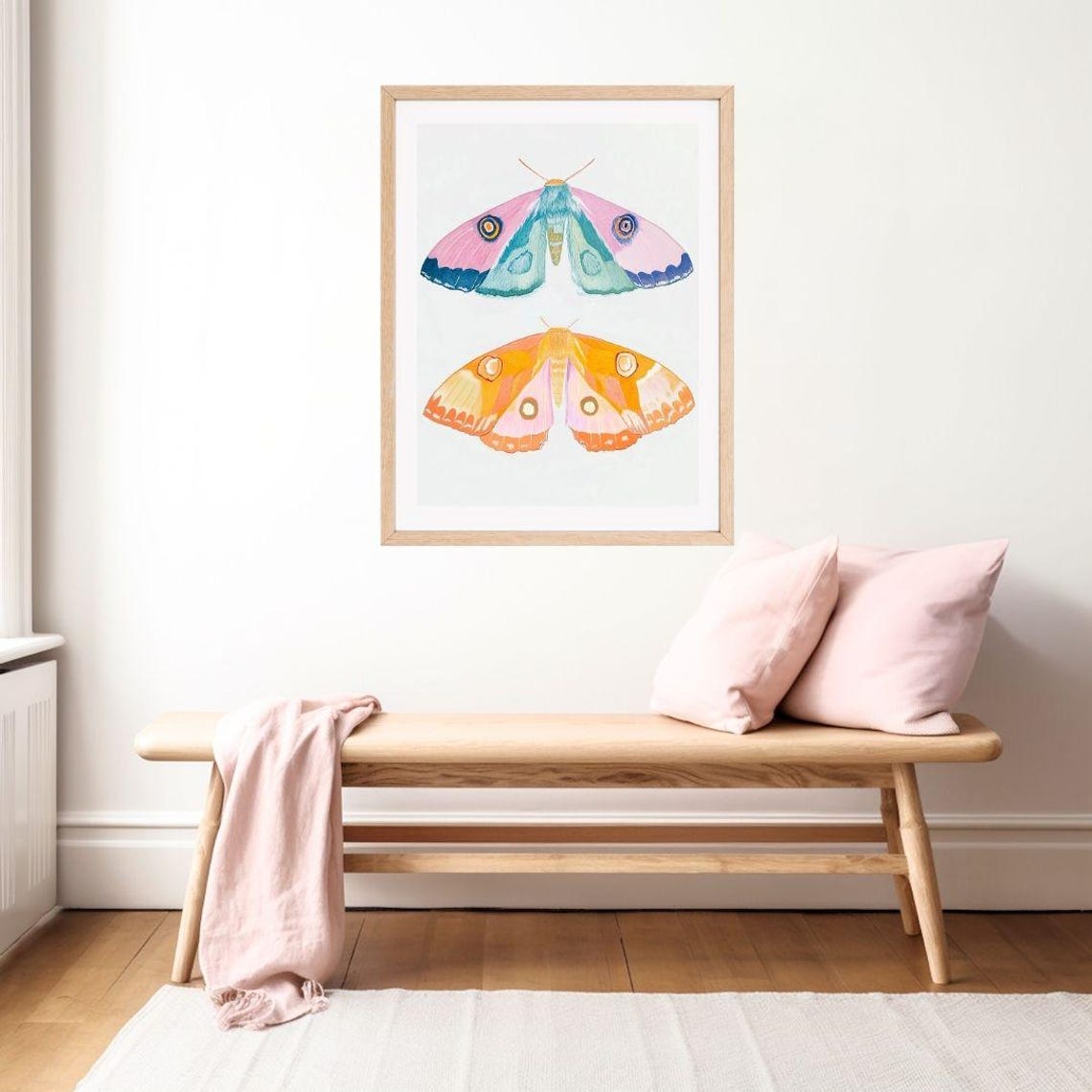 Two Colorful Moths Painting Vibrant Insect Wall Art Print Blue Pink Orange Insect Kids Room Bug Portrait - Image 2
