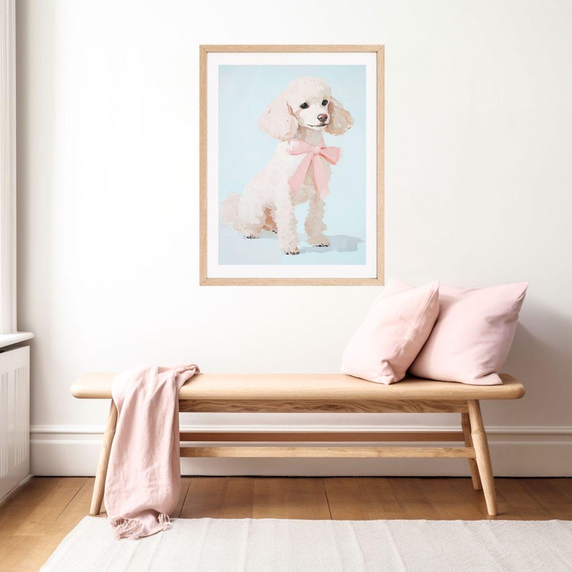 White Poodle Puppy With a Pink Bow on a Pastel Blue Wall Poster - Image 2