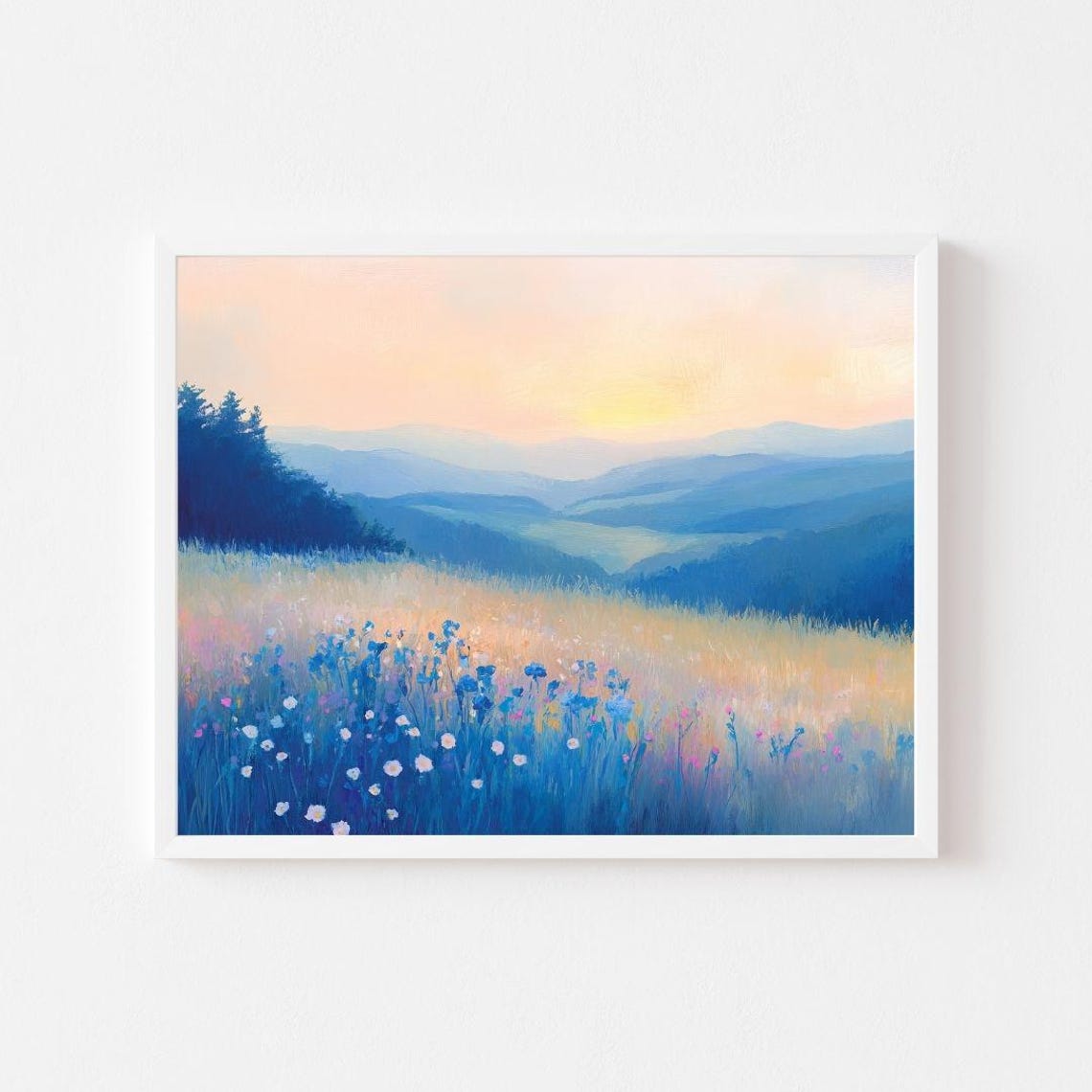 Blue Wildflower Meadow At Dusk With Layered Mountain Ridges Poster