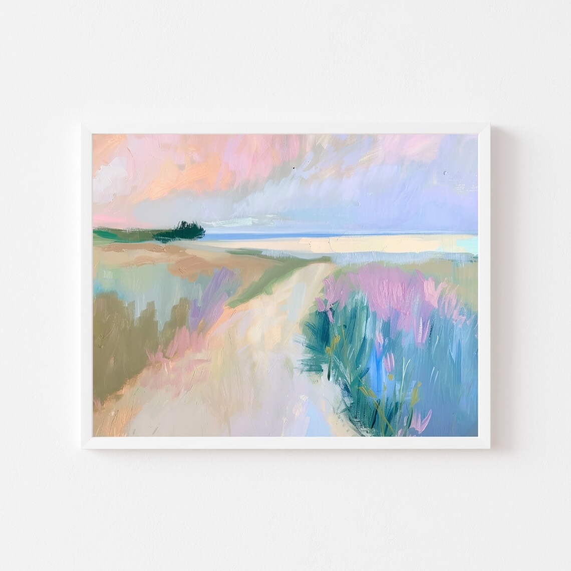 Pastel Beach Dune Path Painting in Pink and Purple Hues Poster