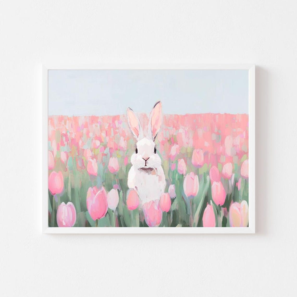 White Bunny In Pink Tulip Field Easter Pastel Painting Wall Poster
