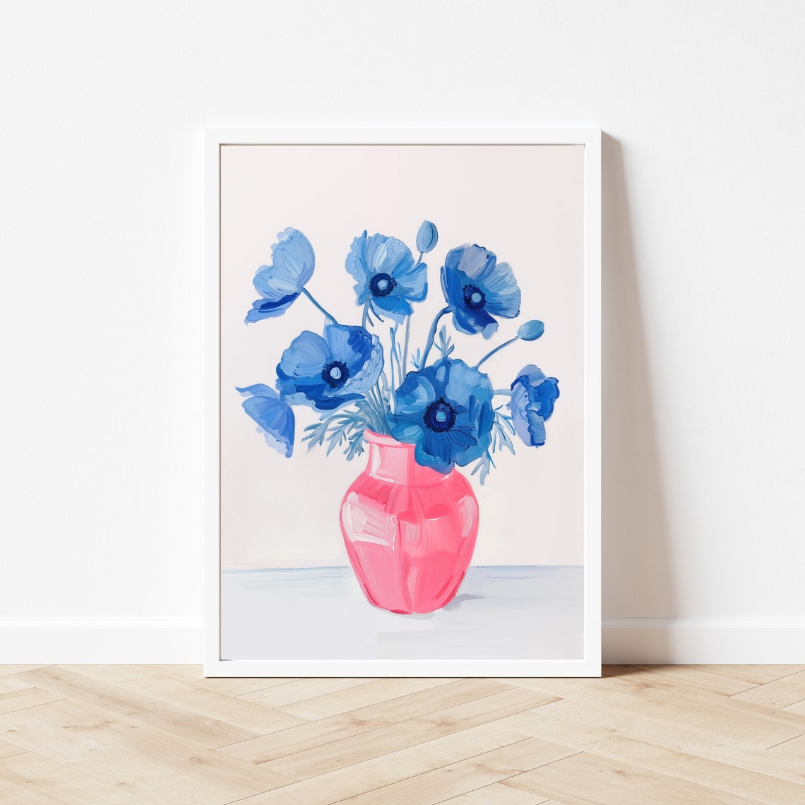 Blue Poppy Flowers In A Soft Pink Vase Botanical Still Life Poster - Image 2