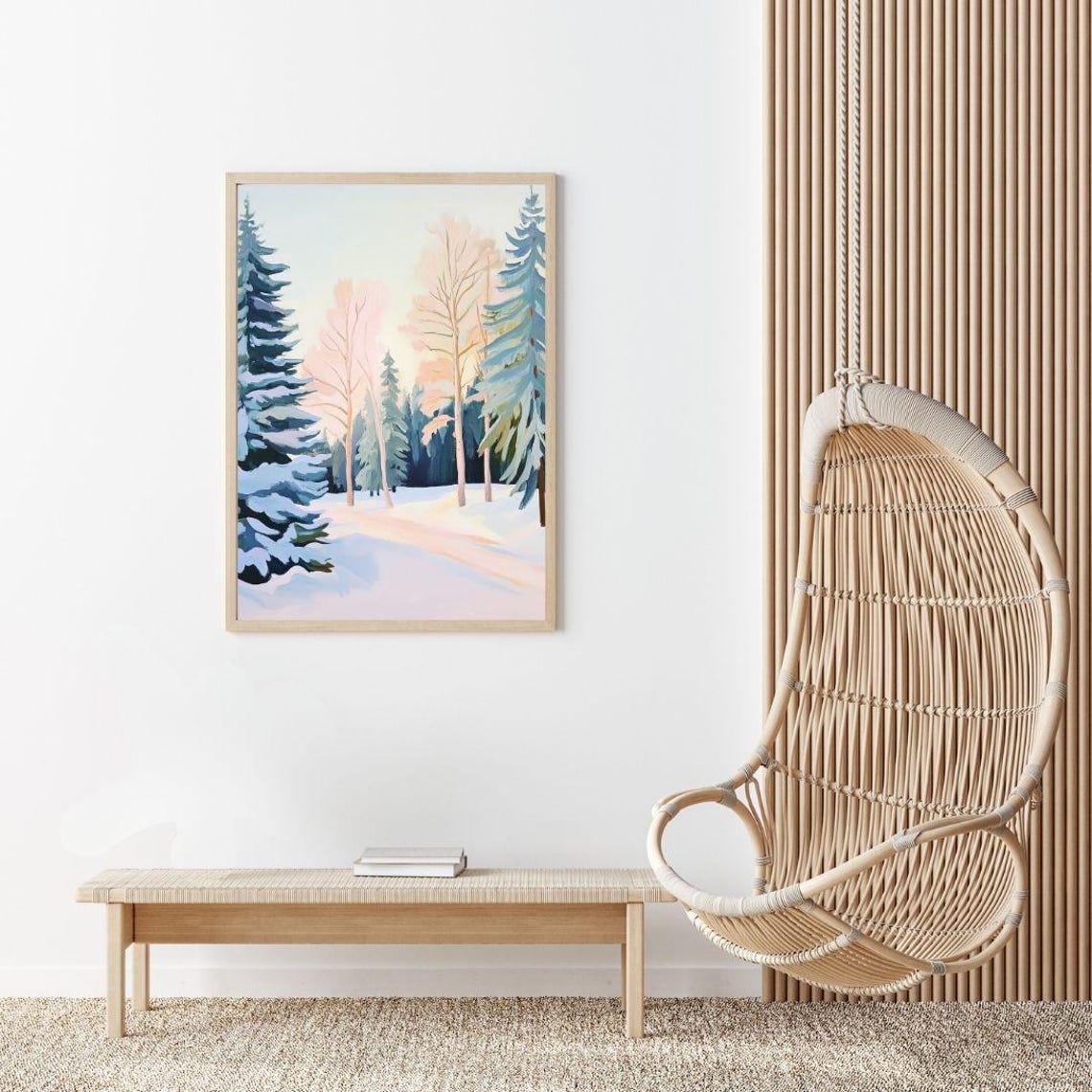 Winter Forest Landscape Painting Colorful Snowy Trees Wall Art Print Blue Pink Nature Pastel Woods Scenery - Image 2