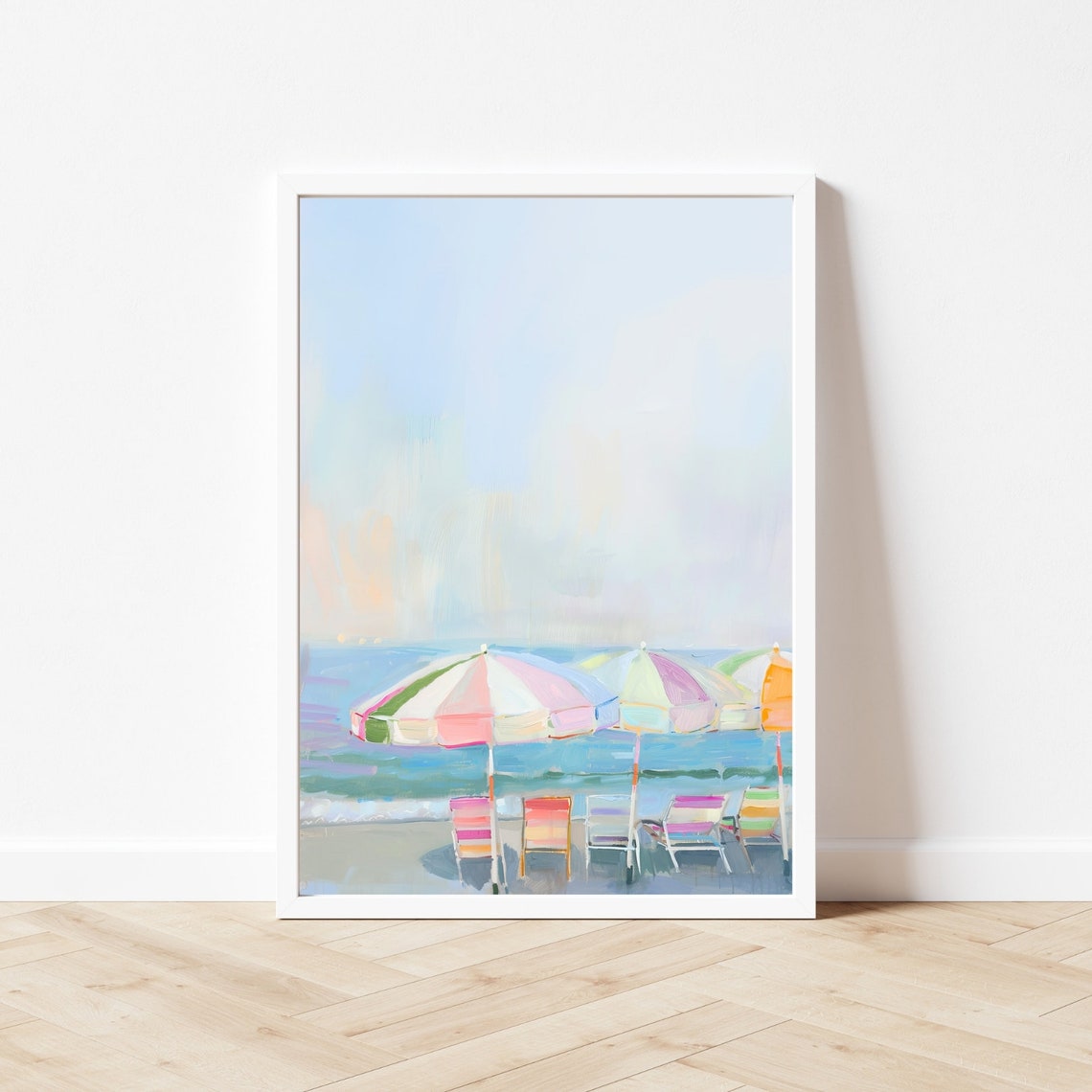 Sunny Striped Beach Umbrellas Coastal Summer Scene Bright Poster - Image 3