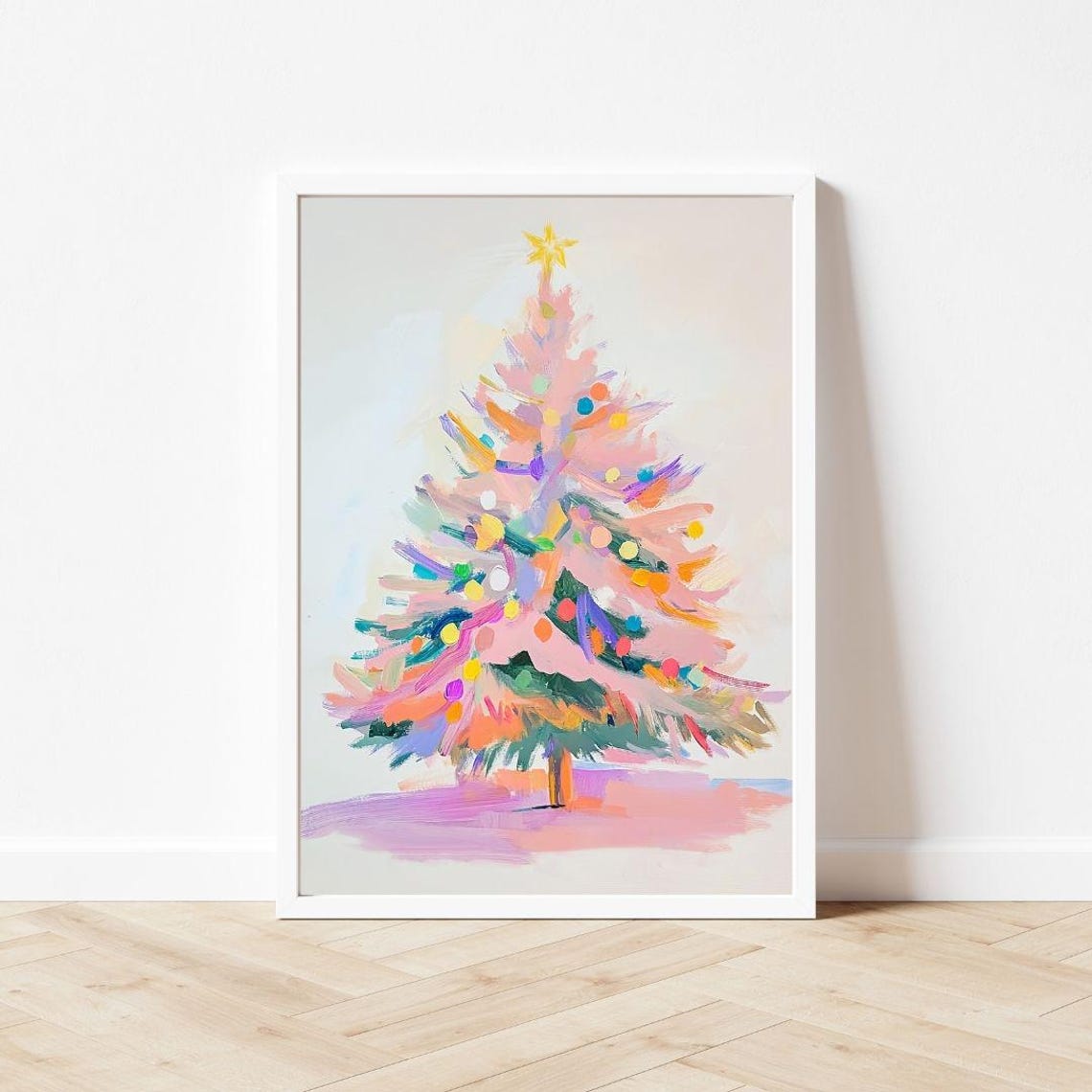 Pink Christmas Tree With Colorful Lights Modern Holiday Poster - Image 3