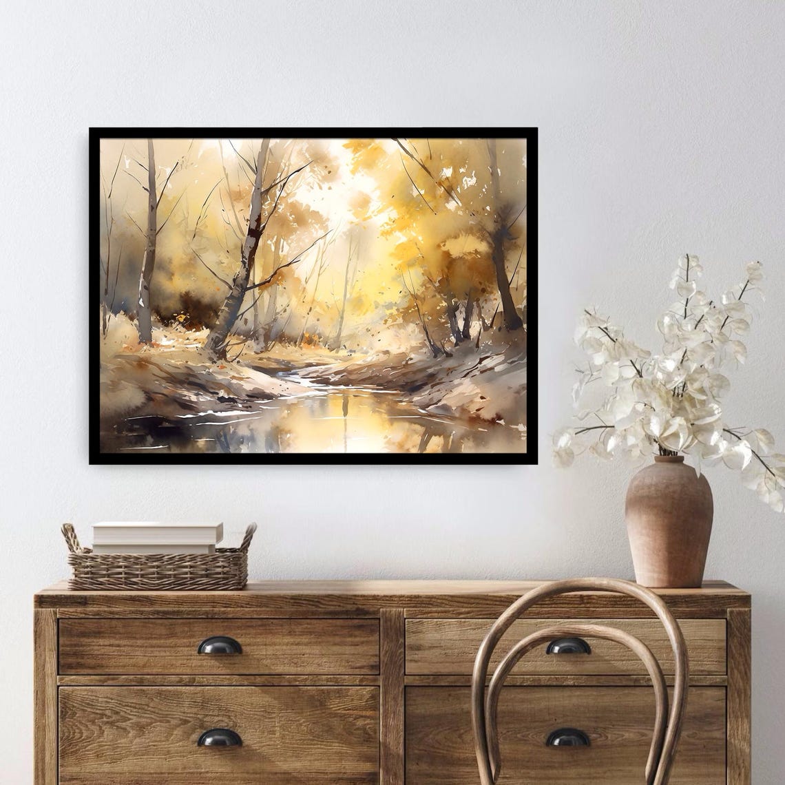 Golden Autumn Birch Trees Calm River Sunlight Watercolor Nature Poster - Image 3