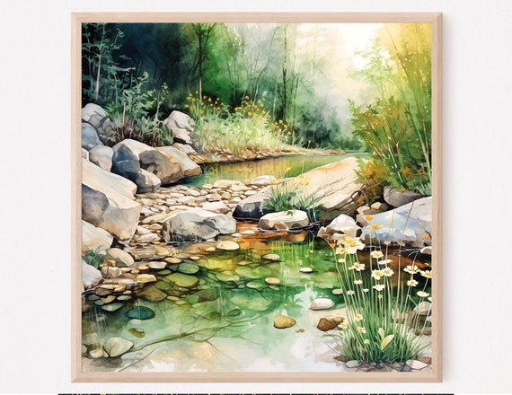 Forest Pond Landscape Watercolor Art Print