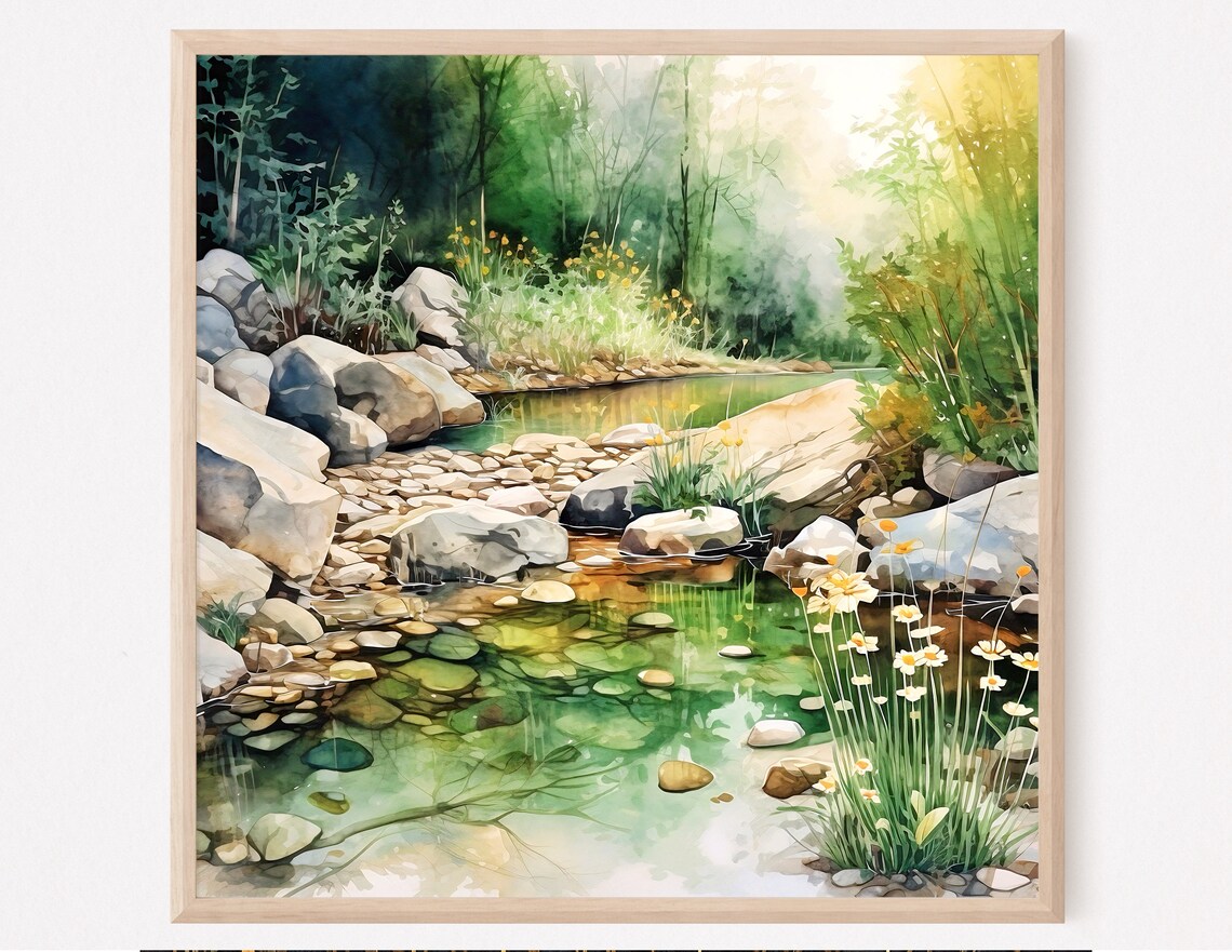 Forest Pond Landscape Watercolor Art Print