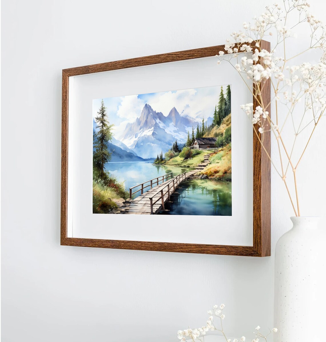 Alpine Lake Wooden Footbridge Chalet Snowcapped Peaks Art Poster - Image 5