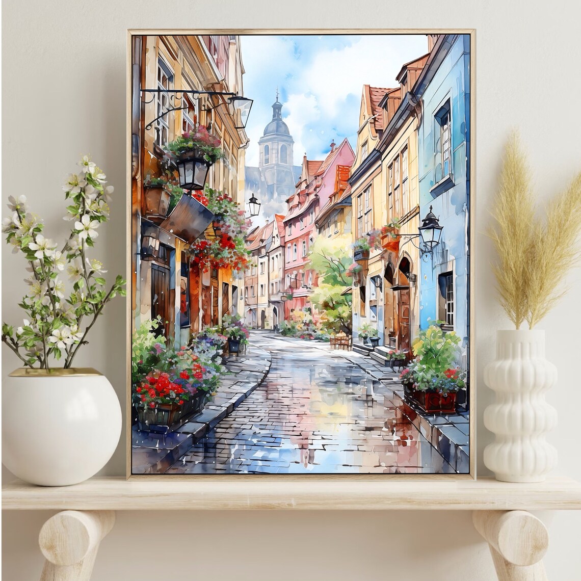 European Old Town Cobblestone Street Colorful Houses Watercolor Poster - Image 4