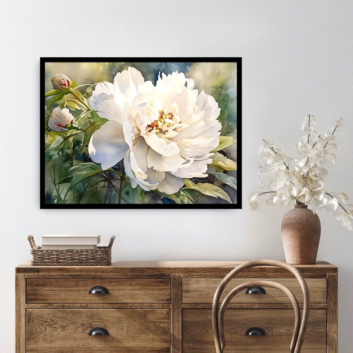 White Peony Blossom Close Up Botanical Watercolor Floral Art Print - Image 4