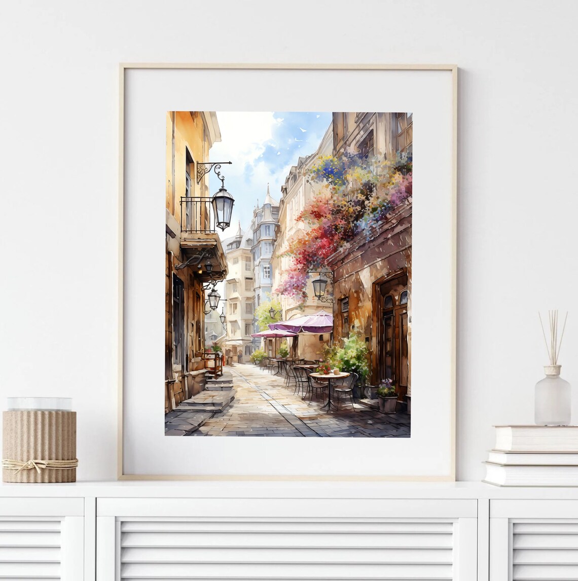 European Old Town Street with Cafes and Lanterns Watercolor Poster - Image 3