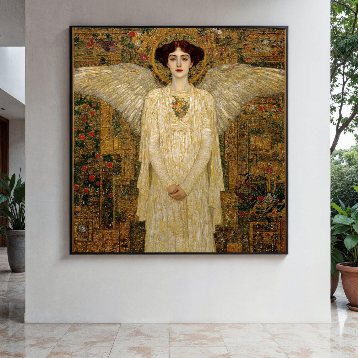 Ethereal Angel With Golden Wings On A Golden Mosaic Background Art Poster