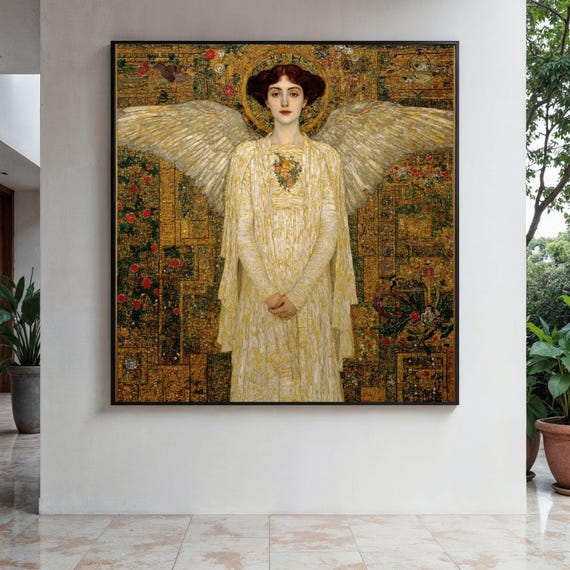 Ethereal Angel Portrait Canvas Gold Leaf Art Spiritual Wall Decor Vintage Gothic Painting Angelic Figure Gift Home Print