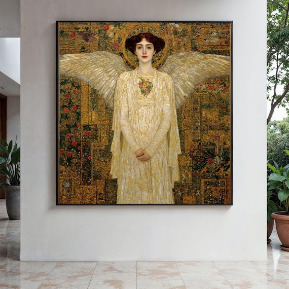 Ethereal Angel With Golden Wings On A Golden Mosaic Background Art Poster