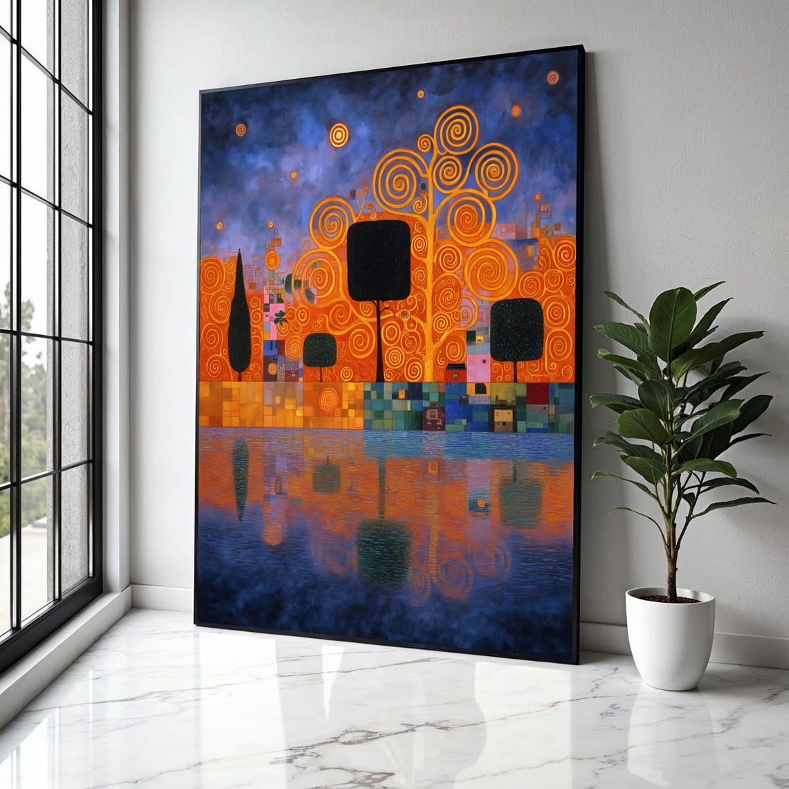 Spiral Golden Trees City Reflection Klimt Style Abstract Poster